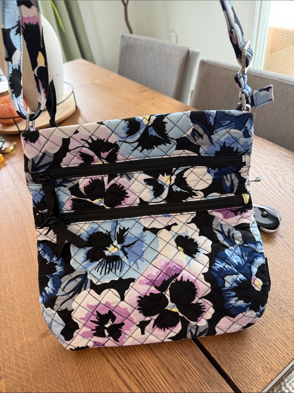 Vera Bradley Triple Zipper Hipster Crossbody in Plum Pansies Pattern